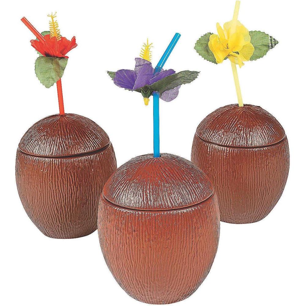 image:imageFun Express Coconut Cups with lids Set of 12 Plastic Party Cups Each holds 16 oz Luau Beach Pool and Tiki Party Supplies