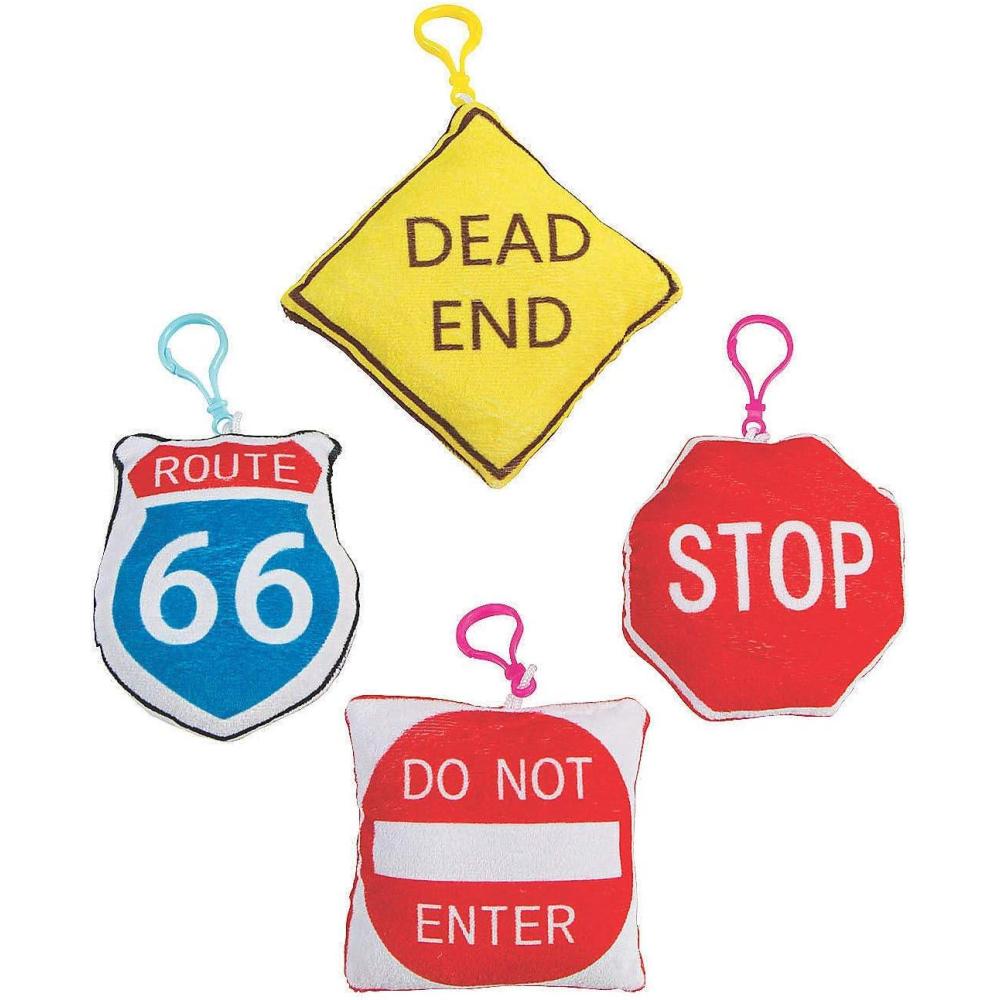 image:imageFun Express Plush Road Sign Backpack Clip Keychains Soft Fun and Durable Keychains for Kids Travel Party Favors School Backpacks and Accessories Ideal for Parties Events and Gifting 12 Pieces
