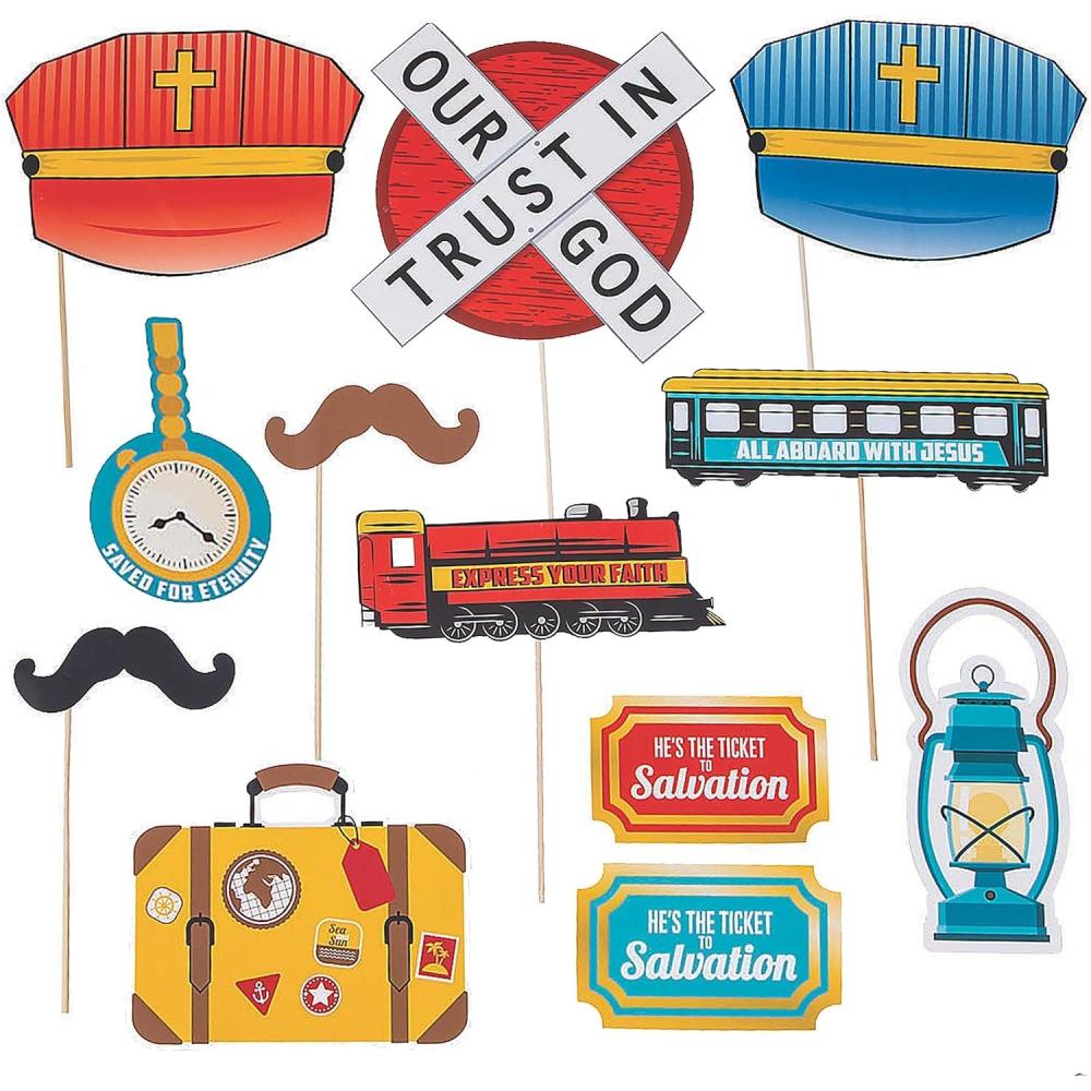 image:imageFun Express Railroad VBS Photo Booth Props Set  Fun and Creative Photo Accessories for Church Events VBS Parties and Celebrations  Perfect for Kids Groups Includes Trains Signs and More  12 Pieces