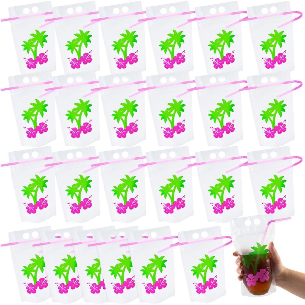 image:imageTropical Luau Party Collapsible BPAFree Plastic Drink Pouches with Straws 12 oz Pack of 25 Portable Refillable Beverage Pouches Perfect for Summer Parties Luau Events amp Birthdays
