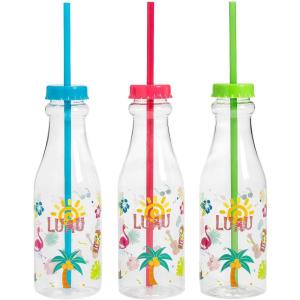 Fun Express 22 oz. Luau Reusable Plastic Drink Bottles with Lids & Straws – 12 Pieces