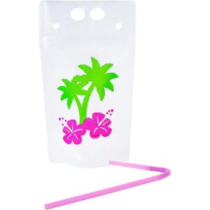 Fun Express 25 Pieces Luau Party Collapsible Plastic Drink Pouches with Straws, Holds 16 oz, BPA Free Plastic, Party Supplies, Multi-Color