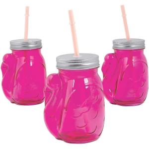 Fun Express 6 Oz. Flamingo Reusable Jar Glasses With Lids & Straws – 6 Cups – Great For Luau, Bridal And Other Summer Themed Parties