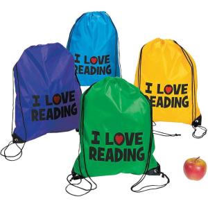 Fun Express I Love Reading Drawstring Backpack Bags Bulk 12 Pack – Kids Drawstring Bags for School Supplies & Party Favor Tote Bag Packs | Small String Bag Set for Classroom Giveaways & Events