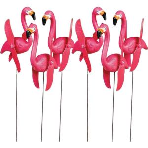 Fun Express Mini Pink Flamingos Yard Ornaments Set of 6 – Wind Spinners Outdoor with Twirling Wings | Flamingo Decor Gifts for Women | Tropical Luau Pool Garden Party Decorations for Lawn & Patio