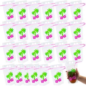 Tropical Luau Party Collapsible BPA-Free Plastic Drink Pouches with Straws – 12 oz (Pack of 25) – Portable Refillable Beverage Pouches – Perfect for Summer Parties, Luau Events, & Birthdays