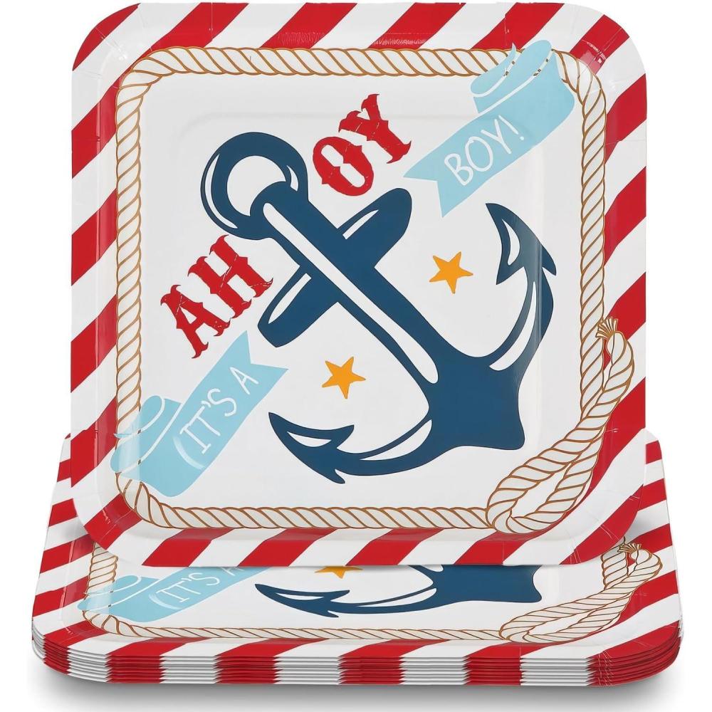 image:imageFun Express Nautical Baby Shower Party Paper Dinner Plates Nautical Baby Themed Party Dessert Plates Disposable Decorations Tableware Napkins for Boy Sailor Baby Shower Party Supplies 8 Pieces