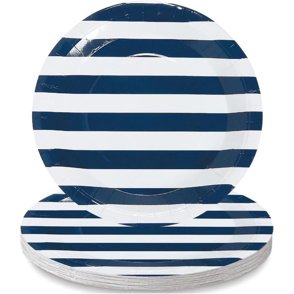 image:imageFun Express Navy amp White Striped Paper Dinner Plates  Striped Themed Disposable Party Dessert Plates  Tableware Party Decoration for Birthday Boys Baby Shower Decorations Party Supplies  25 Pieces