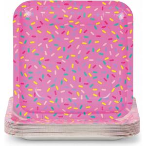 Fun Express Donut Party Square Paper Dinner Plates – Donut Pink Theme Disposable Dessert Dinner Plates – Tableware Decorations for Birthday Baby Shower Party Dinning Supplies Table Decor – 8 Pieces