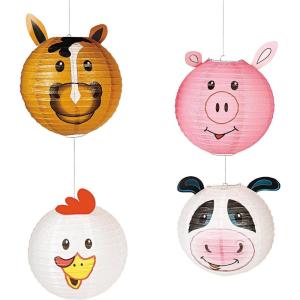 Fun Express Farm Animals Party Decorations Hanging Paper Lanterns – Chicken Cow Pig Horse 12 Inch Large Paper Lantern 4 Pack Set for Farm Birthday Decorations Baby Shower Barnyard Themed Events