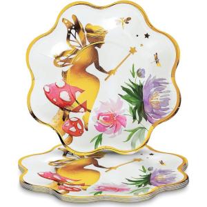 Fun Express Iridescent Fairy Scalloped Paper Dessert Plates – Floral & Gold Scalloped Paper Dessert Design for Weddings Baby Showers Garden Parties Picnics Anniversaries & Crafts – 8 Pieces(Dessert Plates)