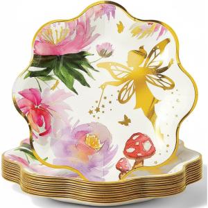 Fun Express Iridescent Fairy Scalloped Paper Dessert Plates – Floral & Gold Scalloped Paper Dessert Design for Weddings Baby Showers Garden Parties Picnics Anniversaries & Crafts – 8 Pieces(Dinner Plates)