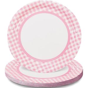 Fun Express Light Pink Gingham Paper Dinner Plates – Gingham Disposable Dinner Dessert Plates – Decorations Tableware for Wedding Events Birthday Party Baby Shower Bridal Shower Supplies – 8 Pieces