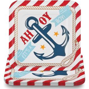 Fun Express Nautical Baby Shower Party Paper Dinner Plates – Nautical Baby Themed Party Dessert Plates – Disposable Decorations Tableware Napkins for Boy Sailor Baby Shower – Party Supplies – 8 Pieces