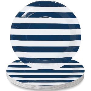 Fun Express Navy & White Striped Paper Dinner Plates – Striped Themed Disposable Party Dessert Plates – Tableware Party Decoration for Birthday Boys Baby Shower Decorations Party Supplies – 25 Pieces