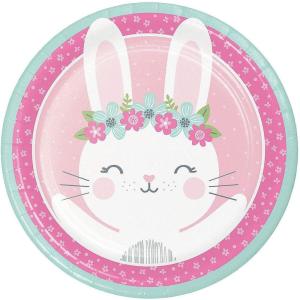 Fun Express Pink Bunny Party Pastel Floral Paper Dinner Plates – Cute Pink Bunny Themed Disposable Paper Plates – Tableware Party Decoration for Girls Baby Shower Birthday Decor Supplies – 8 Pieces