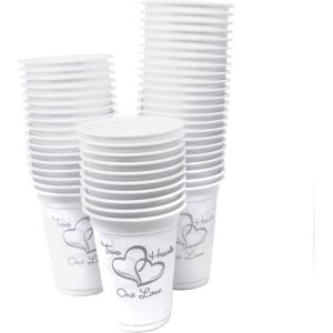 Fun Express Plastic Disposable Wedding Cups, Two Hearts One Love Cups, Lot of 50 Bulk Pack 16 oz Heart, Fancy Plastic for Wedding Reception Bridal Shower Engagement Party Bachelorette Party Friends