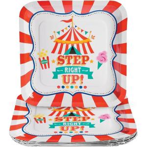 Fun Express Step Right Up Carnival Party Square Paper Dinner Plates – Carnival Themed Disposable Dessert Paper Plates – Decorations Tableware for Birthday Baby Shower – Party Supplies – 8 Pieces