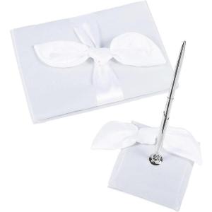 Fun Express Tied Bow Wedding Guest Book & Pen Set – Elegant Wedding Decor for Guest Signatures – Perfect for Bridal Showers Receptions & Special Occasions Stylish & Classic Design – 2 Pieces