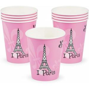 Perfectly Paris Eiffel Tower Pink Disposable Paper Cups, 9 oz, 8-Count – Cute Pink Party Cups for Birthday, Baby Shower, Bridal Shower & Paris Theme Decorations – Fun Tableware for Events