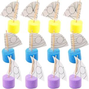 Fun Express Toy Boat Craft Kit for Kids – Color Your Own Wooden Boat Building Set with Foam Noodles & Dowels | Wood Crafts for Kids Ages 4-12 | Makes 12 Mini Sailboat Toys for Summer Camping Projects