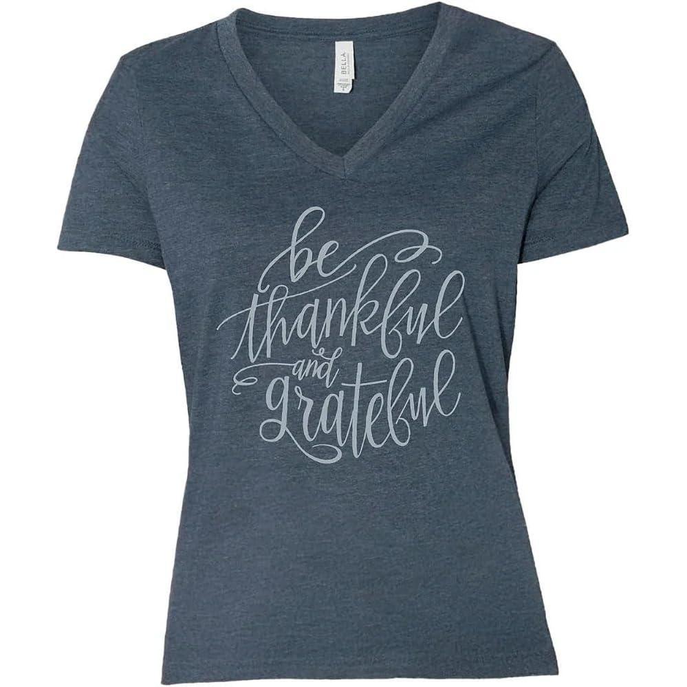 image:imageFun Express Bella  Canvas Be Thankful and Grateful Womens Short Sleeve VNeck TShirt