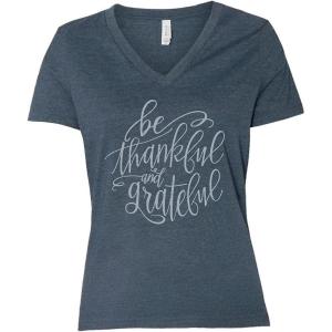 Fun Express Bella + Canvas Be Thankful and Grateful Women’s Short Sleeve V-Neck T-Shirt