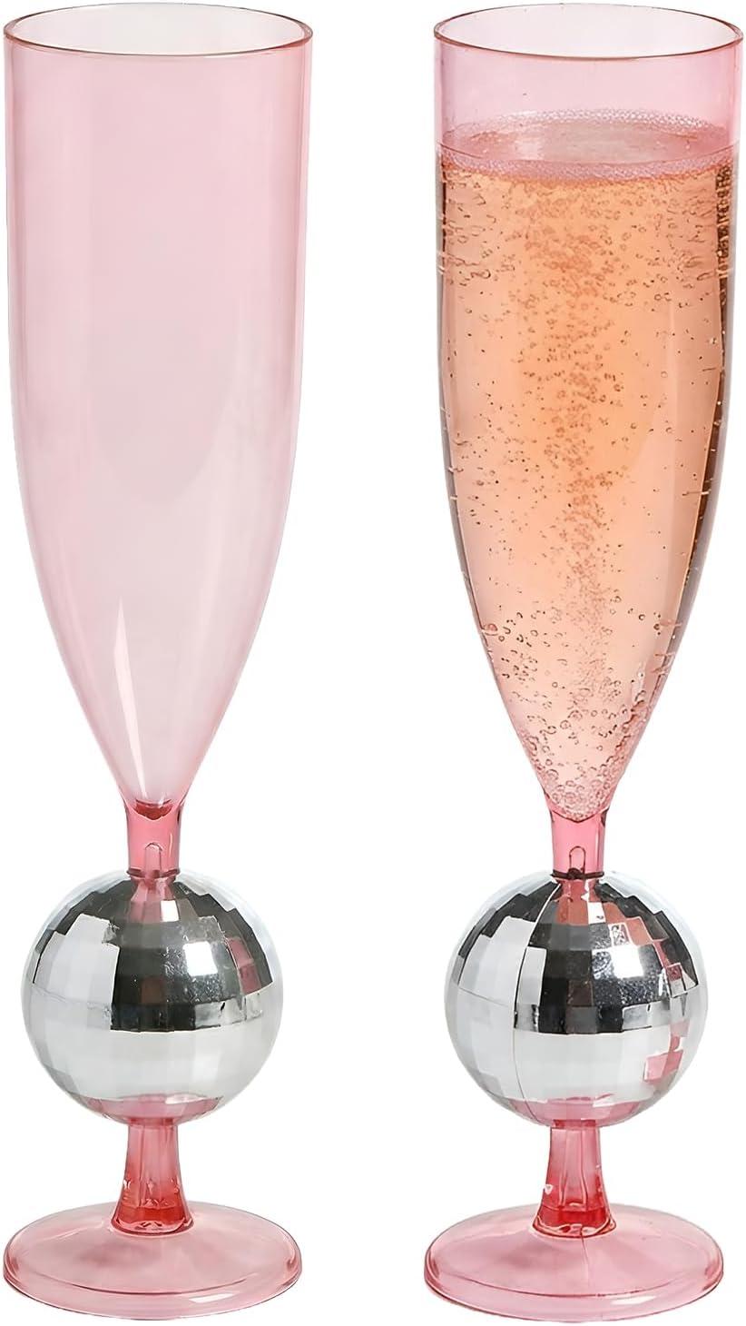 image:image9 6 oz Silver Disco Ball Stem Pink Plastic Champagne Flutes 12 piece
