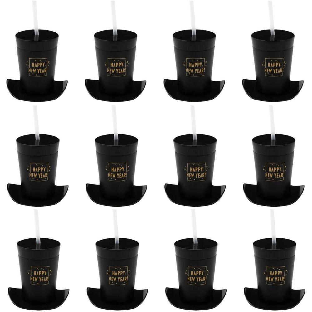 image:image4 14 14 oz Happy New Year Top HatShaped Plastic Cups with Lids amp Straws 12 Pc