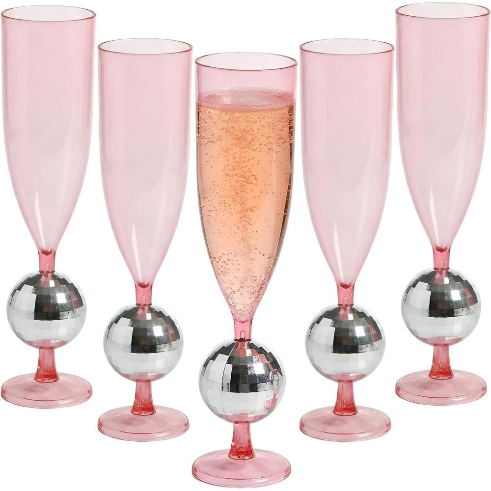 image:image9 6 oz Silver Disco Ball Stem Pink Plastic Champagne Flutes 12 piece
