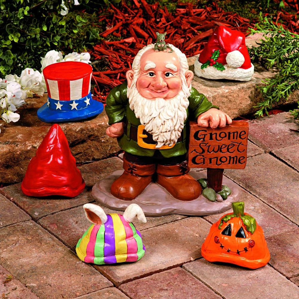 image:imageFun Express Garden Gnomes Outdoor Statue with 5 Interchangeable Seasonal Hats  Resin Gnome Figurines for Yard Decorations  Christmas Halloween Easter Holiday Gnome Decor for Home Garden Sculptures