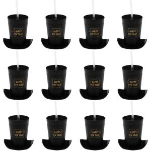 4 1/4″ 14 oz. Happy New Year Top Hat-Shaped Plastic Cups with Lids & Straws – 12 Pc.