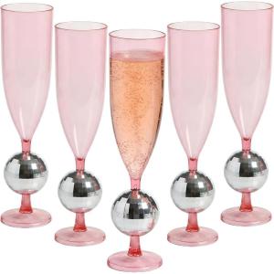 9″ 6 oz. Silver Disco Ball Stem Pink Plastic Champagne Flutes – 12 piece