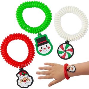 Festive Christmas Wrist Coil Bracelets with Charm – (Pack of 12) – Assorted Colors & Designs, Perfect for Christmas Parties, School Celebrations, and More