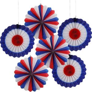 Fun Express 16″ diam. Patriotic Red, White & Blue Hanging Paper Fans – 6 Pieces