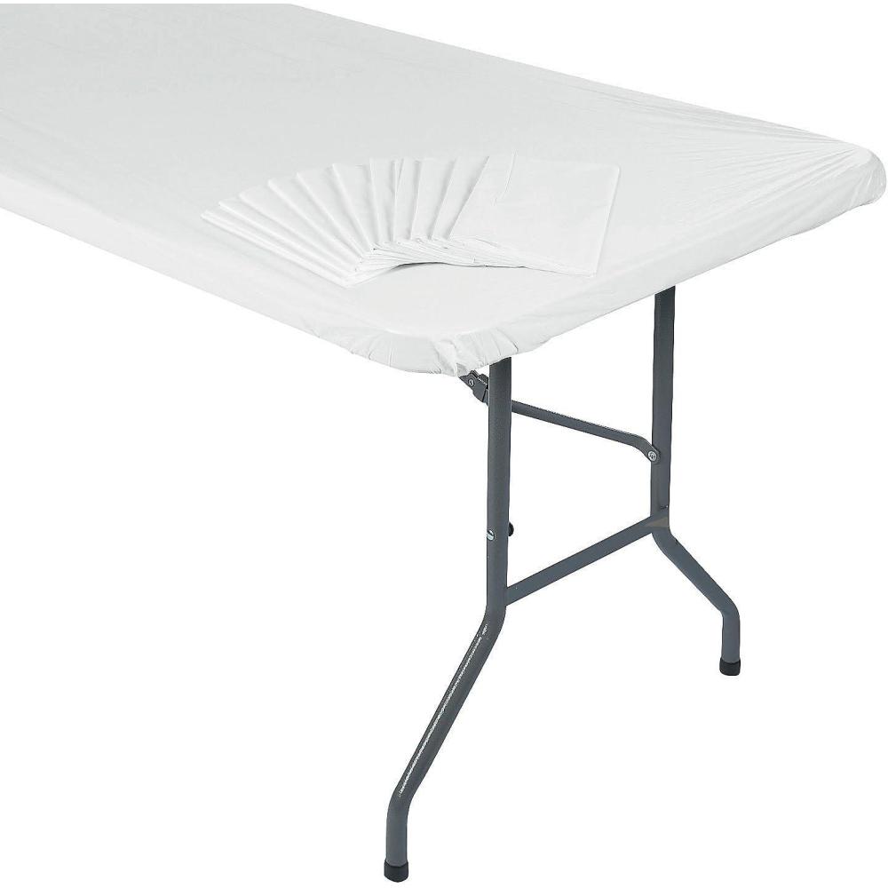 image:imageFun Express 8 Ft White Fitted Plastic Tablecloths Bulk 12 Pc