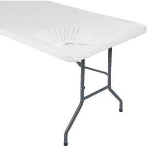 Fun Express 8 Ft. White Fitted Plastic Tablecloths Bulk 12 Pc