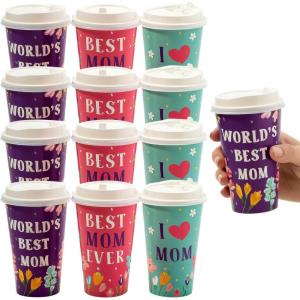 Fun Express Mother’s Day World’s Best Mom Paper Coffee Cups with Lids – 12 Pieces