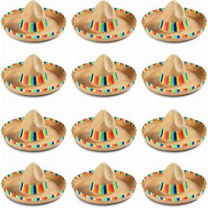 Fun Express Sombrero Hats 12 Pack – Adult Straw Mexican Paper Straw Hat with Rainbow Border | Fiesta Party Decorations & Cinco de Mayo Party Supplies | Sombrero Party Hats for Men & Women