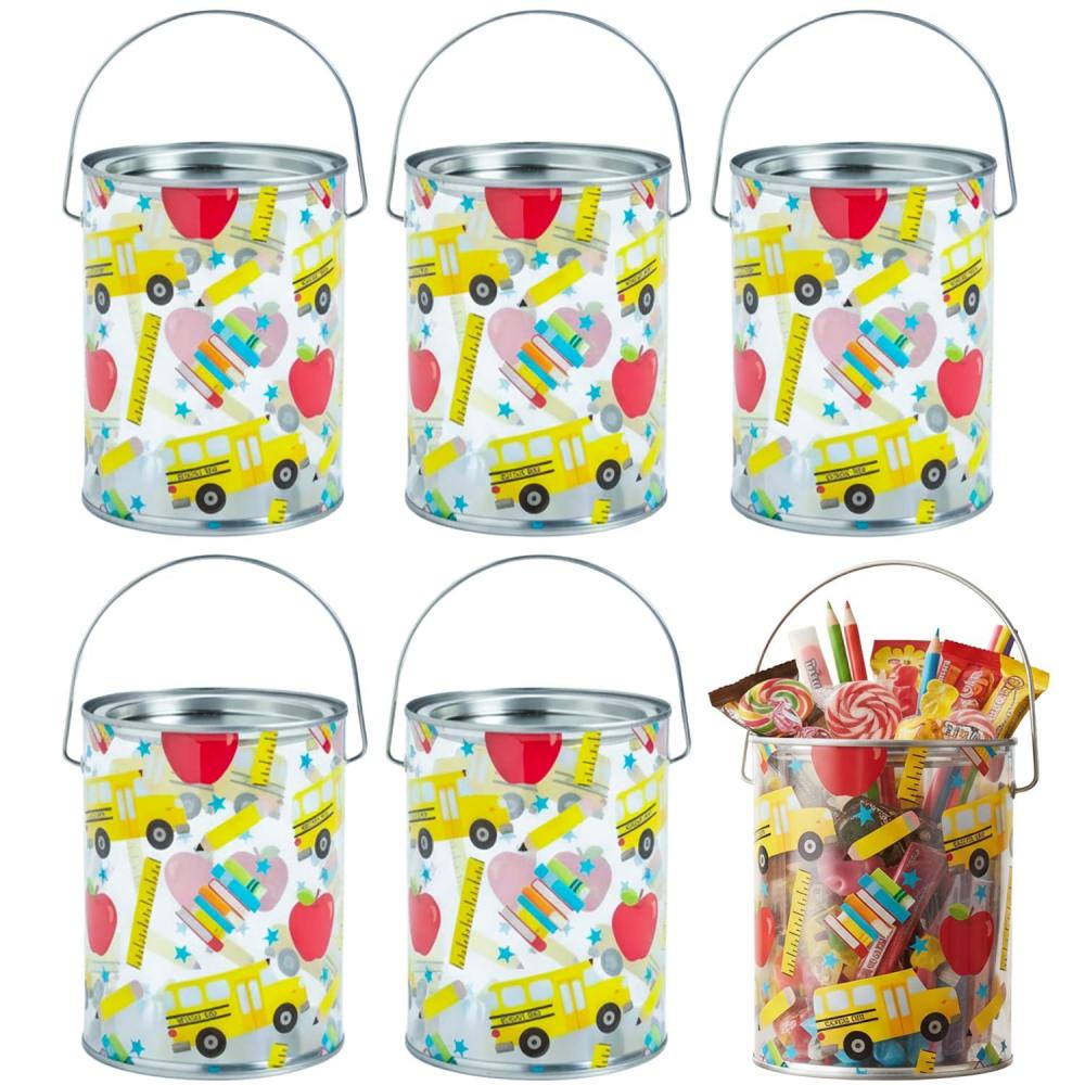 image:imageBack to School Metal Paint Bucket Favor Containers 4 x 5 Pack of 6 Perfect for Classroom Art Supplies Candy Handouts and Party FavorsBack to School