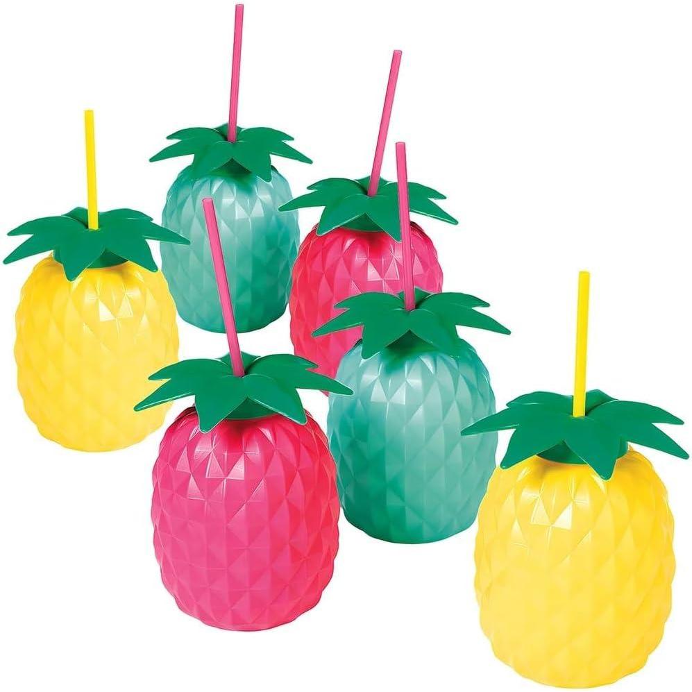 image:imageFun Express Set of 6 Pieces Pineapple Shaped Cups with Straws Each Holds 24 oz BPA Free PLastic Luau and Tropical Party Supplies MultiColor