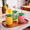 Fun Express Set of 6 Pieces Pineapple Shaped Cups with Straws, Each Holds 24 oz, BPA Free PLastic, Luau and Tropical Party Supplies, Multi-Color