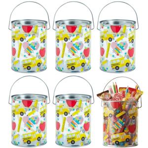 Back to School Metal Paint Bucket Favor Containers – 4″ x 5″ (Pack of 6) – Perfect for Classroom Art Supplies, Candy Handouts, and Party Favors(Back to School)