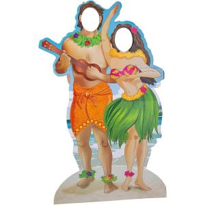 Fun Express Hawaiian Couple Photo Stand-Up – Tiki Party Decorations for Luau Party Supplies | Tropical Aloha Backdrop with Face Cutouts | Large Floor Standing Photo Booth Props for Summer Beach Events