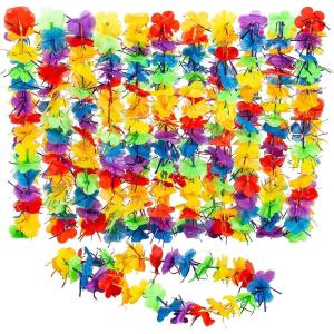 Rainbow Flower Lei Necklaces – Set of 12 – Summer, Beach, Luau and Tiki Party Apparel Accessories
