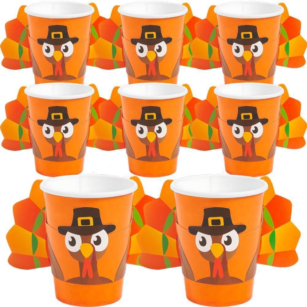 image:imageFun Express Gobble Gobble Party Pilgrim Turkey Orange Paper Cups with Sleeves 8 Pc