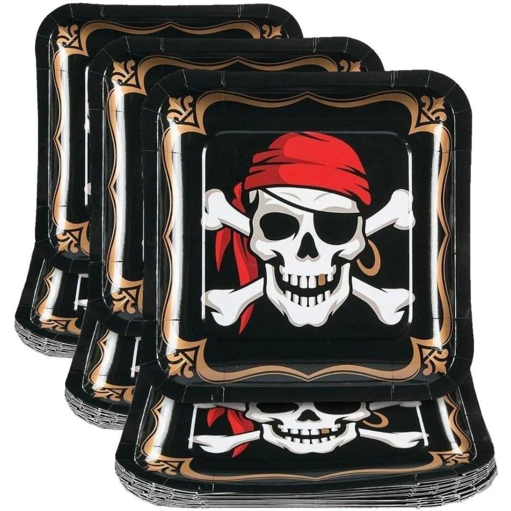 image:imageFun Express Skull amp Crossbones Pirate Party Square Paper Dinner Plates  Crossbones Skull Themed Disposable Plates  Decorations for Halloween Birthday Party Baby Shower  8 PiecesMedium Pack of 3