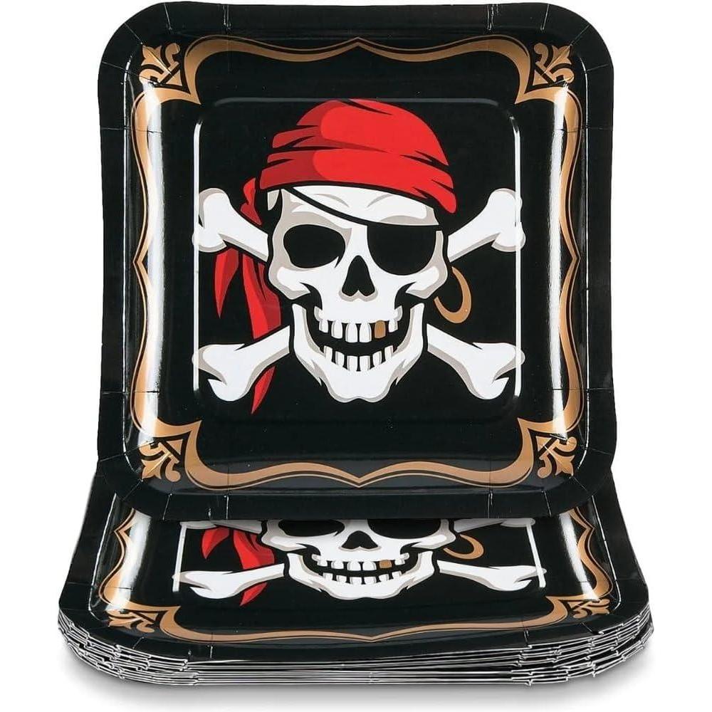 image:imageFun Express Skull amp Crossbones Pirate Party Square Paper Dinner Plates  Crossbones Skull Themed Disposable Plates  Decorations for Halloween Birthday Party Baby Shower  8 PiecesMedium