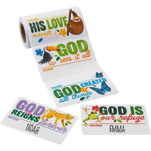3 1/2″ x 2 1/4″ Bulk 100 Pc. Rainforest VBS Animal Name Tag Stickers – Vacation Bible School Supplies