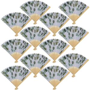 Eucalyptus Printed Folding Hand Fans – 12 Pieces